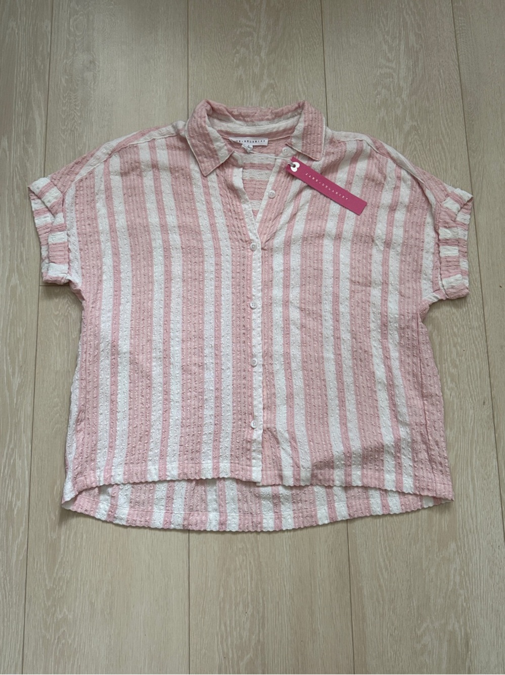 Jane and Delancey Pink and White Striped Short-Sleeve Button-Up Blouse